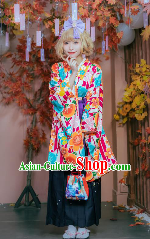 Japanese Traditional Young Lady Costumes Asian Japan Cosplay Kimono Printing Blouse and Hakama Pants