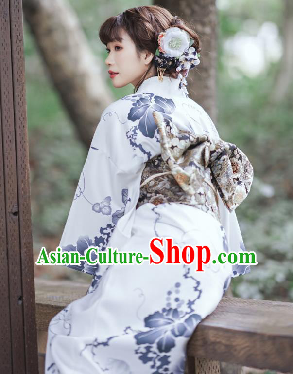 Asian Japan Young Lady Kimono Dress Japanese Traditional Printing White Yukata Costume