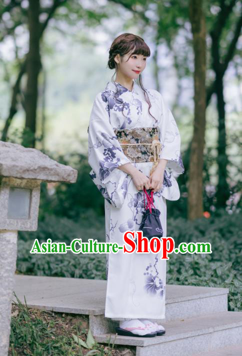 Asian Japan Young Lady Kimono Dress Japanese Traditional Printing White Yukata Costume