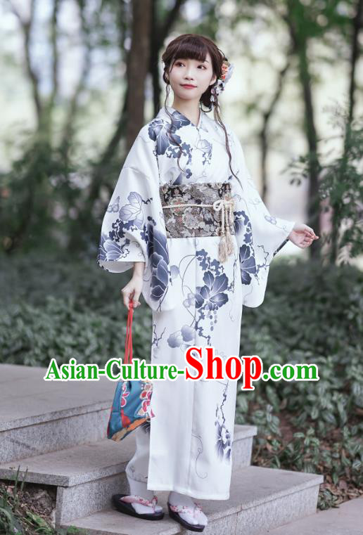 Asian Japan Young Lady Kimono Dress Japanese Traditional Printing White Yukata Costume