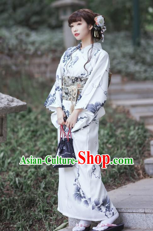 Asian Japan Young Lady Kimono Dress Japanese Traditional Printing White Yukata Costume