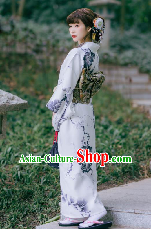 Asian Japan Young Lady Kimono Dress Japanese Traditional Printing White Yukata Costume