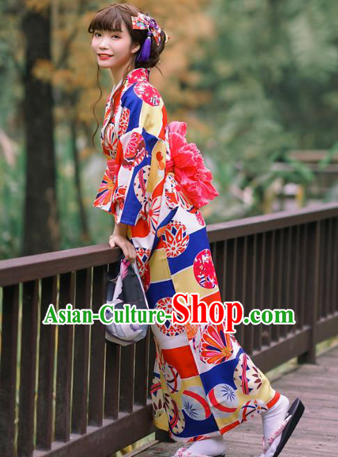 Japanese Traditional Printing Red Yukata Costume Asian Japan Young Lady Kimono Dress