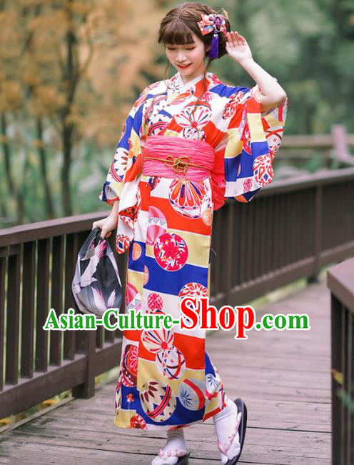 Japanese Traditional Printing Red Yukata Costume Asian Japan Young Lady Kimono Dress