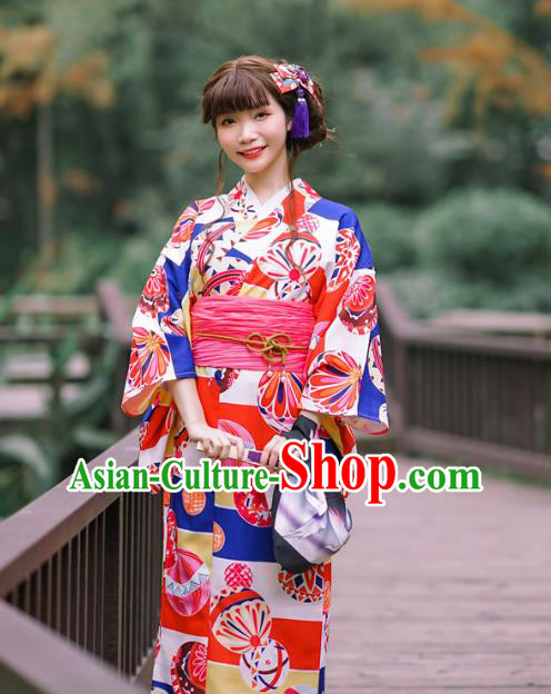 Japanese Traditional Printing Red Yukata Costume Asian Japan Young Lady Kimono Dress