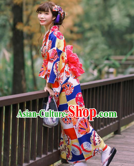 Japanese Traditional Printing Red Yukata Costume Asian Japan Young Lady Kimono Dress