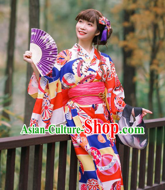 Japanese Traditional Printing Red Yukata Costume Asian Japan Young Lady Kimono Dress