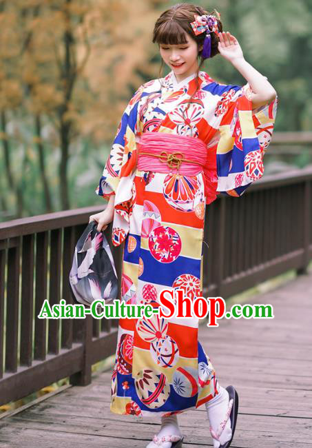 Japanese Traditional Printing Red Yukata Costume Asian Japan Young Lady Kimono Dress