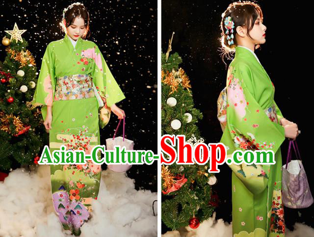 Asian Japan Printing Green Kimono Dress Japanese Traditional Young Woman Yukata Costume