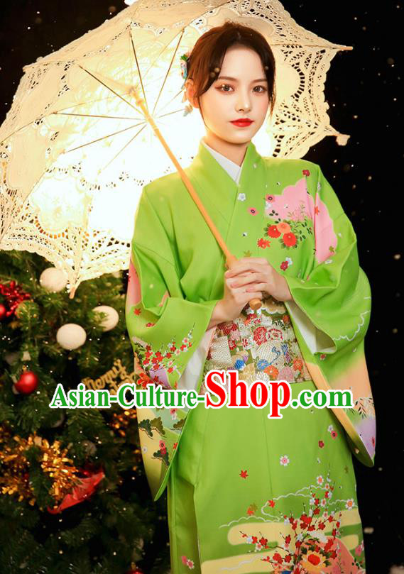 Asian Japan Printing Green Kimono Dress Japanese Traditional Young Woman Yukata Costume