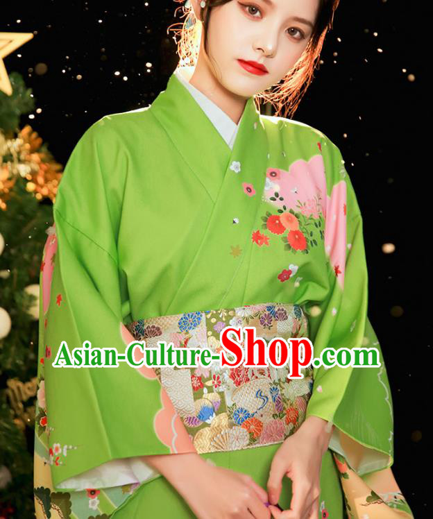 Asian Japan Printing Green Kimono Dress Japanese Traditional Young Woman Yukata Costume