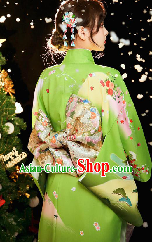 Asian Japan Printing Green Kimono Dress Japanese Traditional Young Woman Yukata Costume