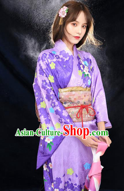 Asian Japan Printing Sakura Furisode Kimono Costume Japanese Traditional Young Lady Violet Yukata Dress