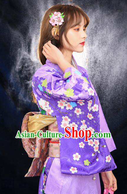 Asian Japan Printing Sakura Furisode Kimono Costume Japanese Traditional Young Lady Violet Yukata Dress