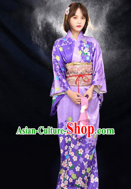 Asian Japan Printing Sakura Furisode Kimono Costume Japanese Traditional Young Lady Violet Yukata Dress