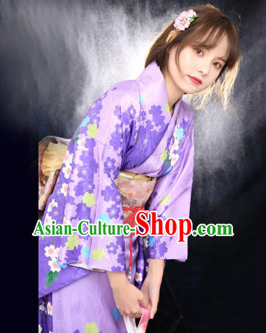 Asian Japan Printing Sakura Furisode Kimono Costume Japanese Traditional Young Lady Violet Yukata Dress
