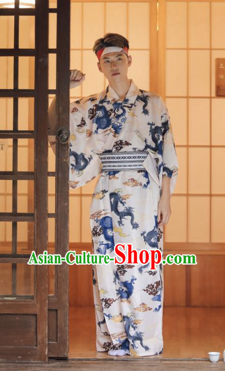 Japanese Cosplay Warrior Samurai Clothing Asian Japan Traditional Printing Dragon White Yukata