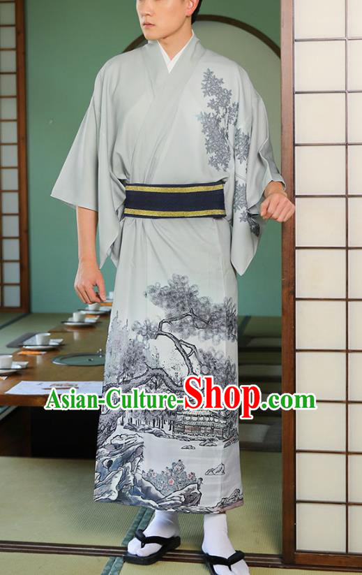 Asian Japan Traditional Printing Grey Yukata Robe Japanese Cosplay Samurai Clothing for Men