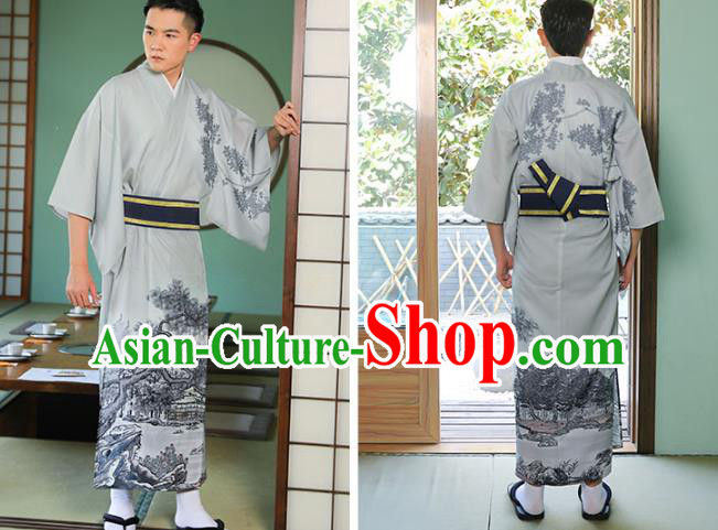 Asian Japan Traditional Printing Grey Yukata Robe Japanese Cosplay Samurai Clothing for Men