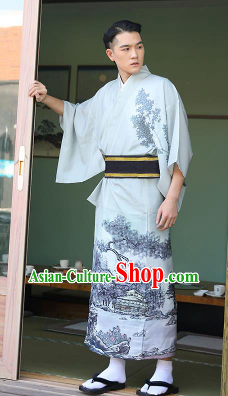 Asian Japan Traditional Printing Grey Yukata Robe Japanese Cosplay Samurai Clothing for Men