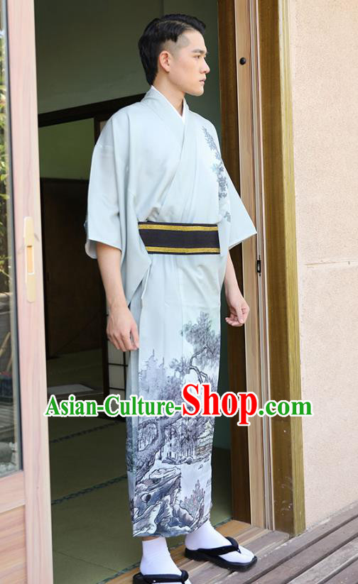 Asian Japan Traditional Printing Grey Yukata Robe Japanese Cosplay Samurai Clothing for Men