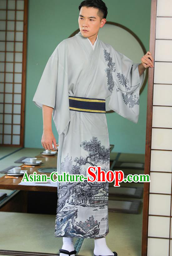Asian Japan Traditional Printing Grey Yukata Robe Japanese Cosplay Samurai Clothing for Men