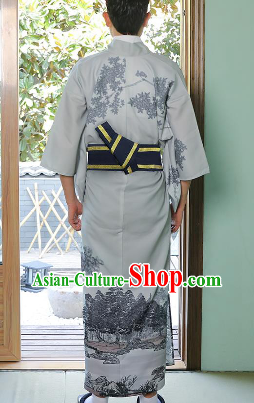 Asian Japan Traditional Printing Grey Yukata Robe Japanese Cosplay Samurai Clothing for Men