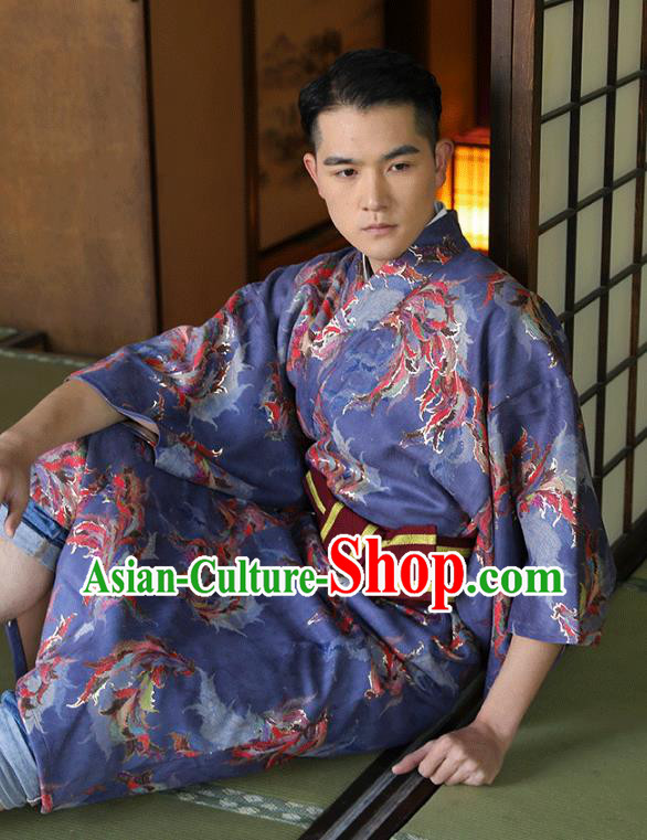 Japanese Hanabi Taikai Male Clothing Asian Japan Traditional Purple Brocade Yukata Robe