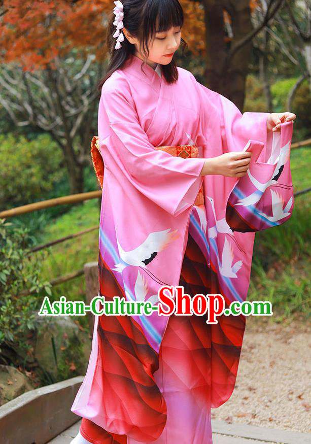 Asian Japan Pink Furisode Kimono Costume Japanese Traditional Summer Festival Printing Crane Yukata Dress
