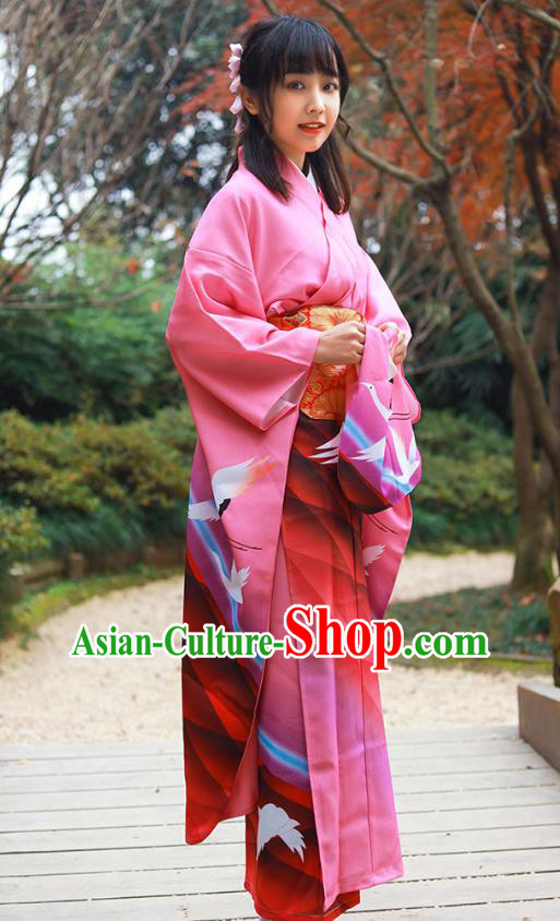 Asian Japan Pink Furisode Kimono Costume Japanese Traditional Summer Festival Printing Crane Yukata Dress