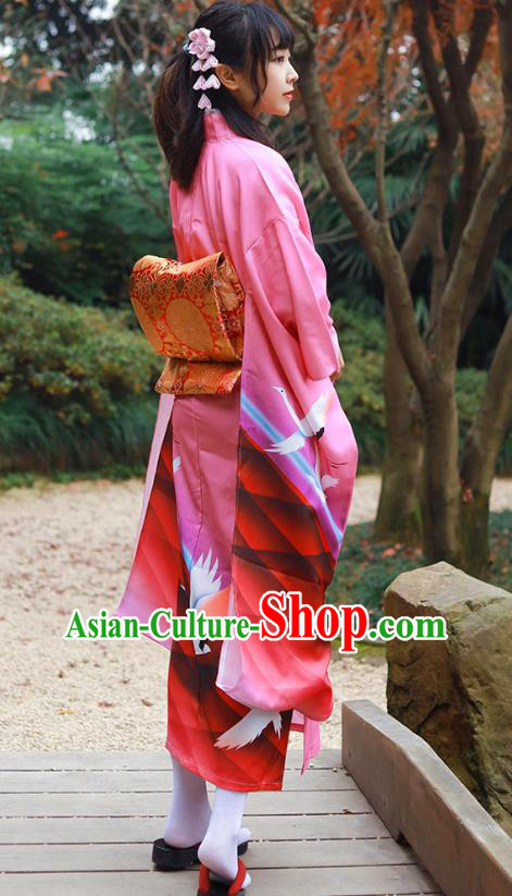 Asian Japan Pink Furisode Kimono Costume Japanese Traditional Summer Festival Printing Crane Yukata Dress