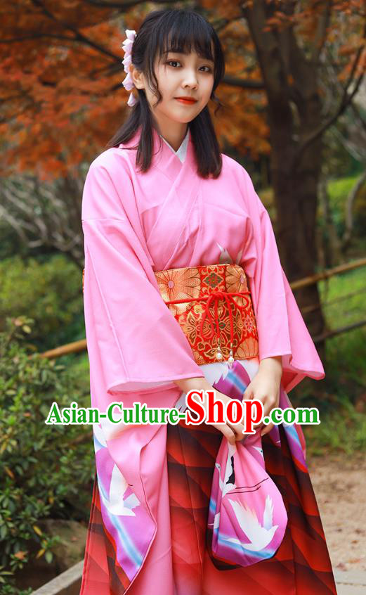 Asian Japan Pink Furisode Kimono Costume Japanese Traditional Summer Festival Printing Crane Yukata Dress