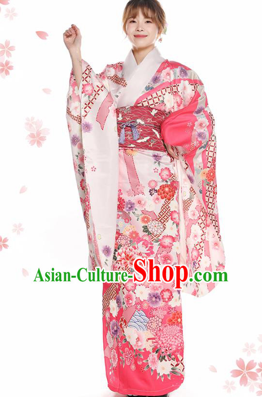 Asian Japan Hanabi Taikai Furisode Kimono Costume Japanese Traditional Printing Peony Pink Yukata Dress
