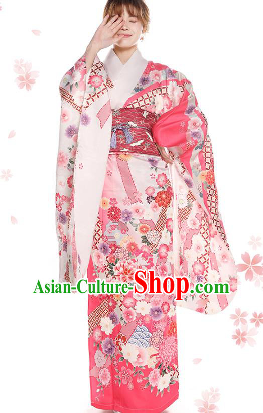 Asian Japan Hanabi Taikai Furisode Kimono Costume Japanese Traditional Printing Peony Pink Yukata Dress