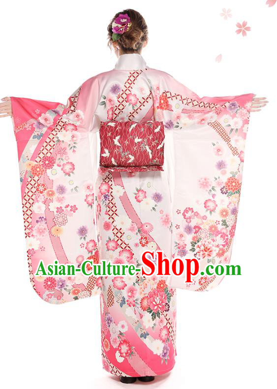 Asian Japan Hanabi Taikai Furisode Kimono Costume Japanese Traditional Printing Peony Pink Yukata Dress
