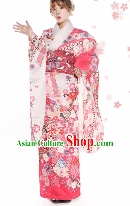 Asian Japan Hanabi Taikai Furisode Kimono Costume Japanese Traditional Printing Peony Pink Yukata Dress