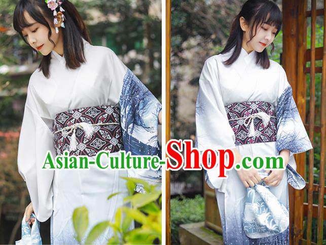 Asian Japan Woman New Year Kimono Costume Japanese Traditional Ink Painting Yukata Dress