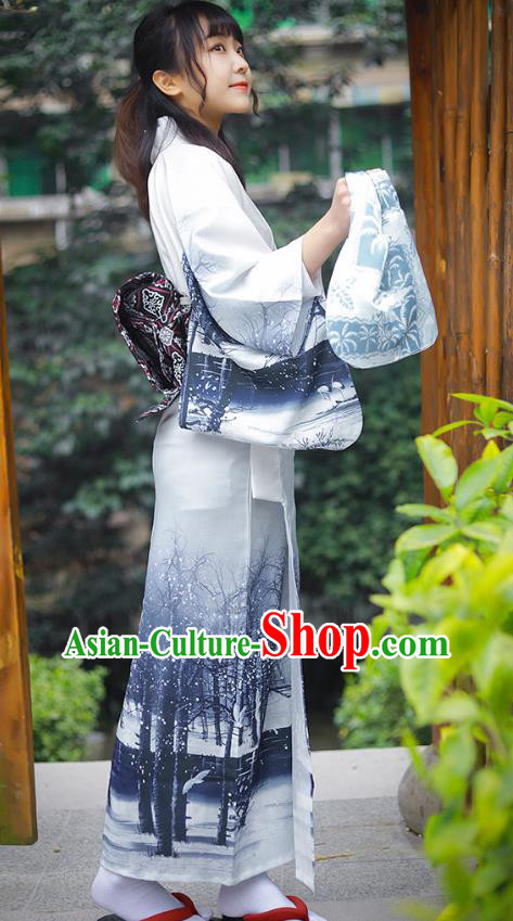 Asian Japan Woman New Year Kimono Costume Japanese Traditional Ink Painting Yukata Dress