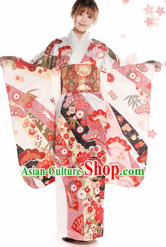 Asian Japan Printing Peony Furisode Kimono Costume Japanese Traditional Wedding Bride Yukata Dress
