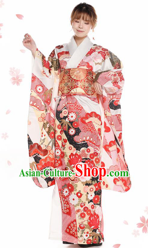 Asian Japan Printing Peony Furisode Kimono Costume Japanese Traditional Wedding Bride Yukata Dress