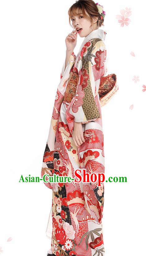 Asian Japan Printing Peony Furisode Kimono Costume Japanese Traditional Wedding Bride Yukata Dress