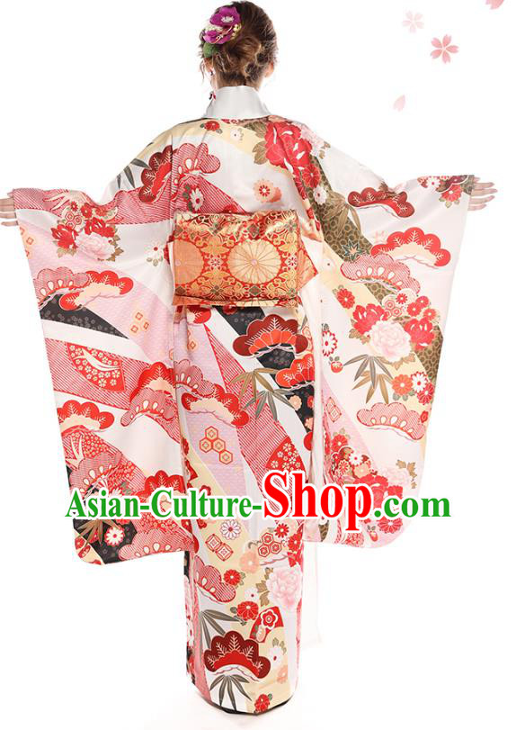 Asian Japan Printing Peony Furisode Kimono Costume Japanese Traditional Wedding Bride Yukata Dress