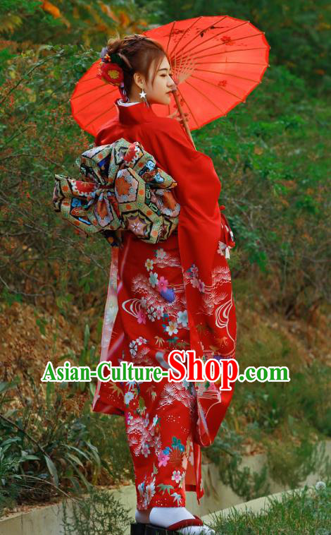 Asian Japan Bride Furisode Kimono Costume Japanese Traditional Wedding Printing Chrysanthemum Red Yukata Dress