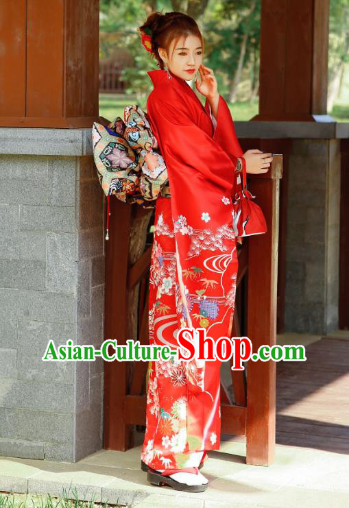Asian Japan Bride Furisode Kimono Costume Japanese Traditional Wedding Printing Chrysanthemum Red Yukata Dress