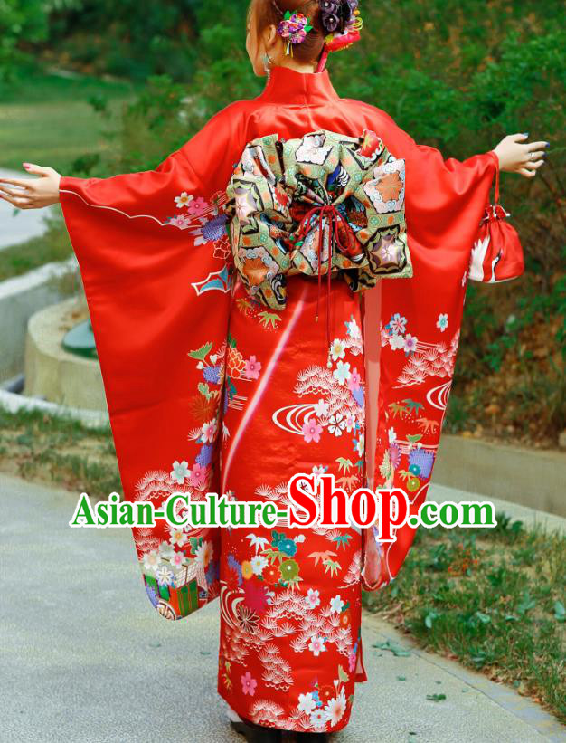 Asian Japan Bride Furisode Kimono Costume Japanese Traditional Wedding Printing Chrysanthemum Red Yukata Dress