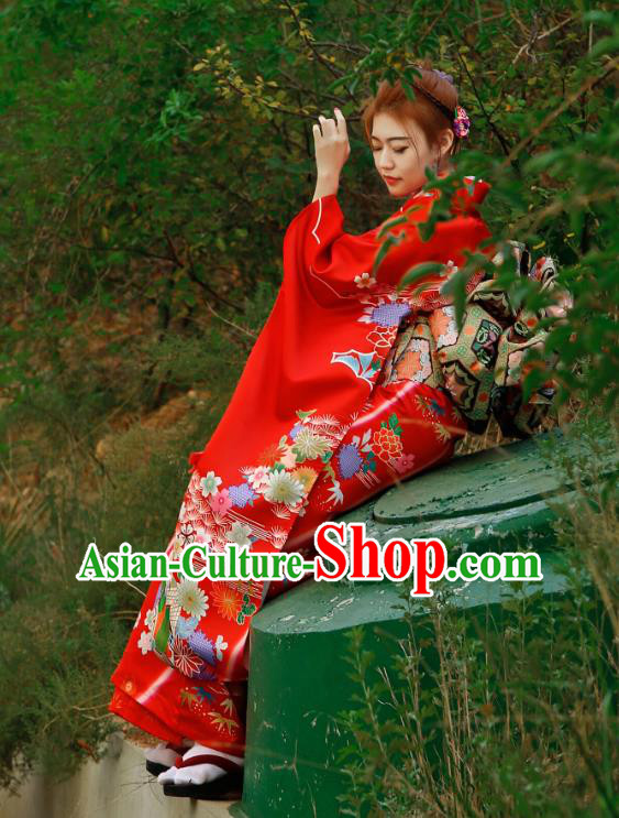 Asian Japan Bride Furisode Kimono Costume Japanese Traditional Wedding Printing Chrysanthemum Red Yukata Dress
