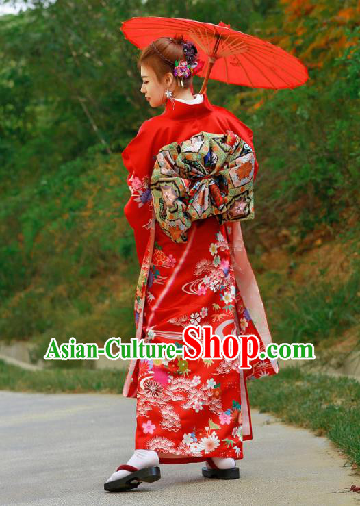 Asian Japan Bride Furisode Kimono Costume Japanese Traditional Wedding Printing Chrysanthemum Red Yukata Dress