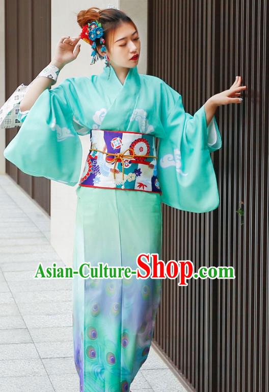 Asian Japan Printing Peacock Kimono Costume Japanese Traditional Wedding Bride Green Yukata Dress