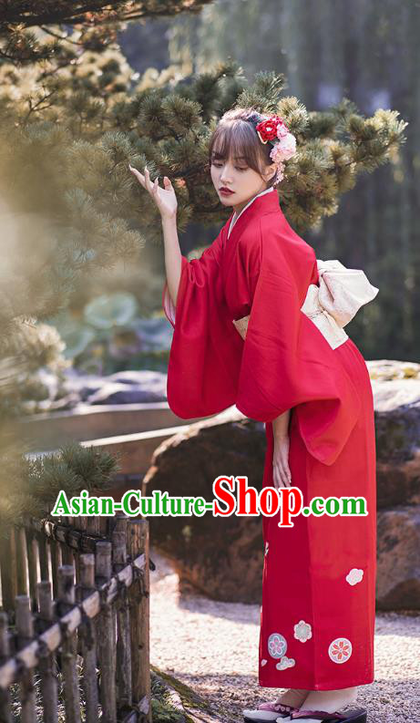 Japanese Traditional Hanabi Taikai Printing Red Yukata Dress Asian Japan Young Lady Kimono Clothing