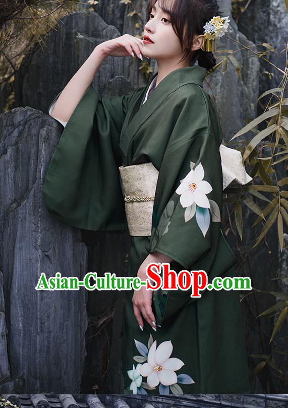 Asian Japan Printing Flowers Dark Green Kimono Clothing Japanese Traditional Summer Festival Yukata Dress